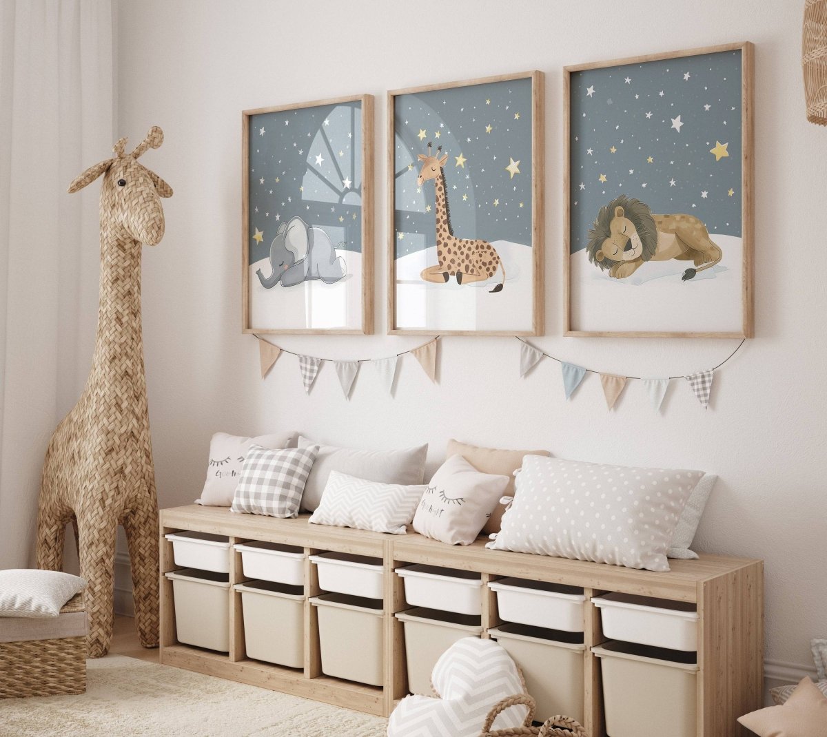 Safari Animal Nursery Wall Prints | Set of 3 | Sleeping Animals & Starry Night Decor for Babies' Room - RoseRowanDesign -