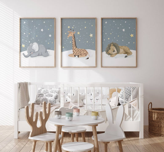 Safari Animal Nursery Wall Prints | Set of 3 | Sleeping Animals & Starry Night Decor for Babies' Room - RoseRowanDesign -