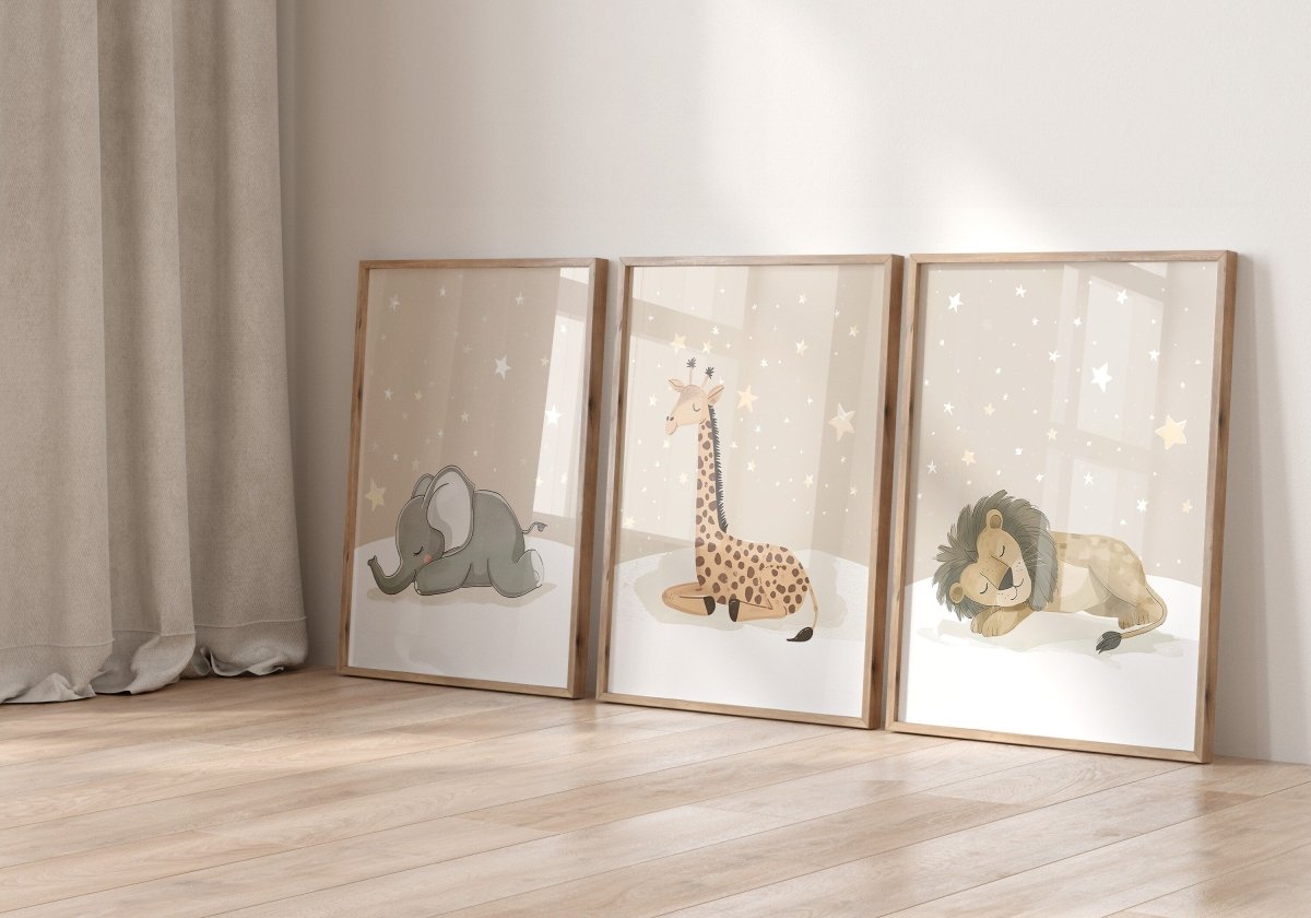 Safari Animal Nursery Wall Prints | Set of 3 | Sleeping Animals & Stars for Gender - Neutral Baby Room - RoseRowanDesign -