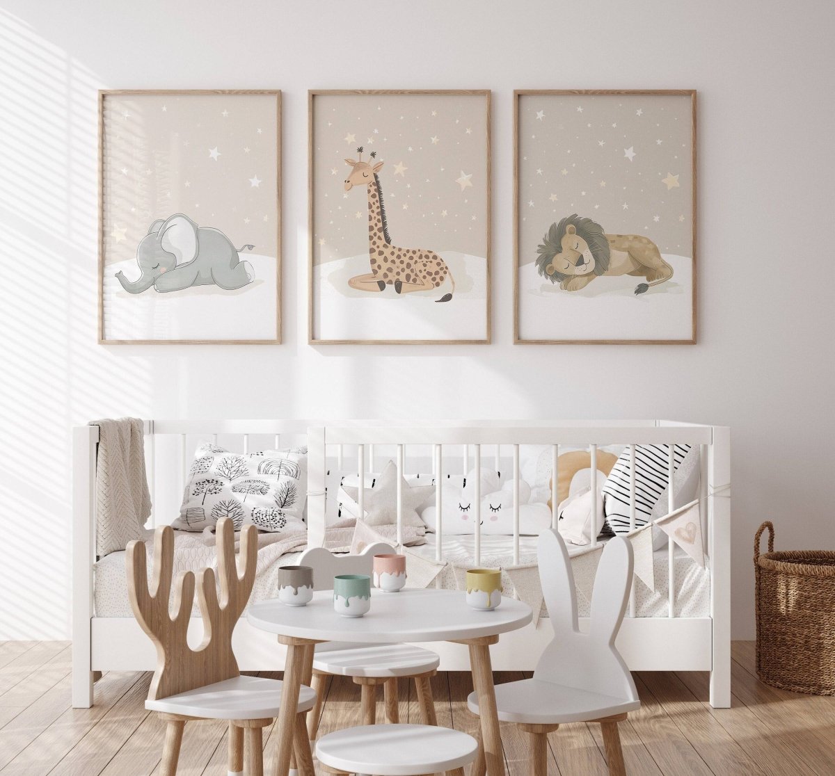 Safari Animal Nursery Wall Prints | Set of 3 | Sleeping Animals & Stars for Gender - Neutral Baby Room - RoseRowanDesign -