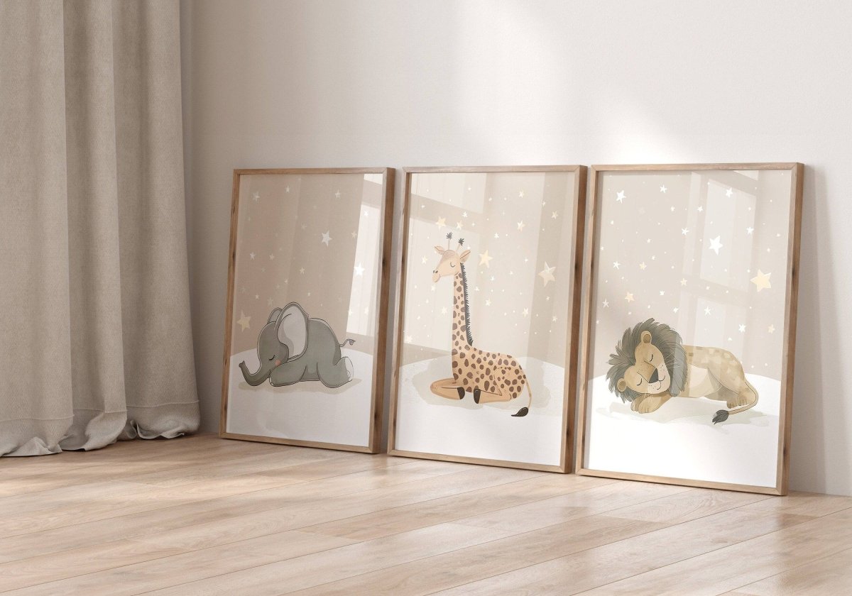 Safari Animal Nursery Wall Prints | Set of 3 | Sleeping Animals & Stars for Gender - Neutral Baby Room - RoseRowanDesign -