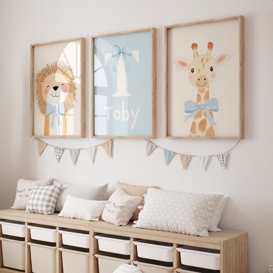 Safari Animal Personalised Set of 3 Wall Prints | Wall Art for Nursery, Bedroom or Playroom - RoseRowanDesign - Wall Art