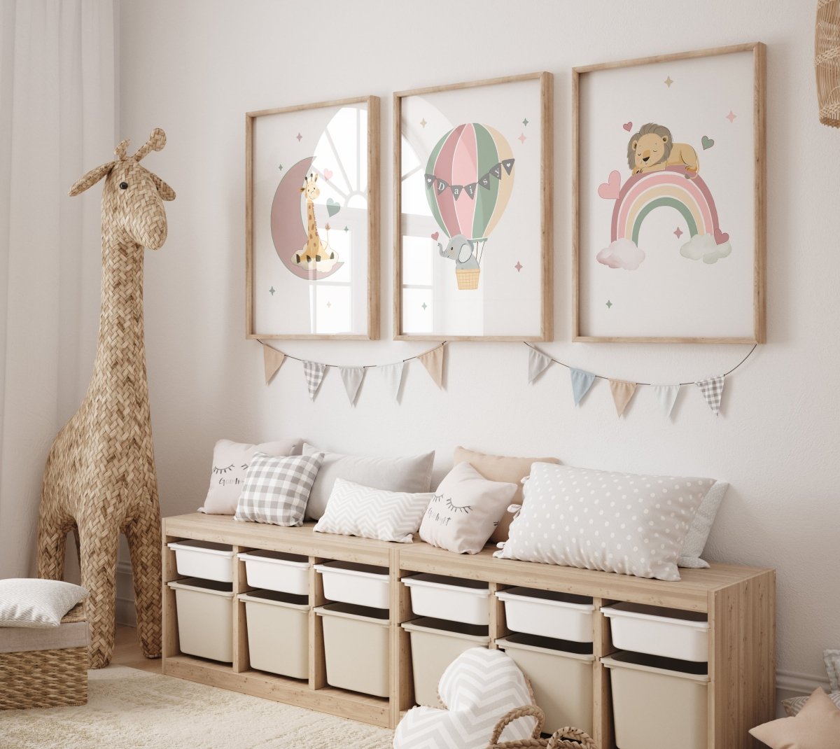 Safari Animal Personalised Set of 3 Wall Prints | Wall Art for Nursery, Bedroom or Playroom - RoseRowanDesign - Wall Art