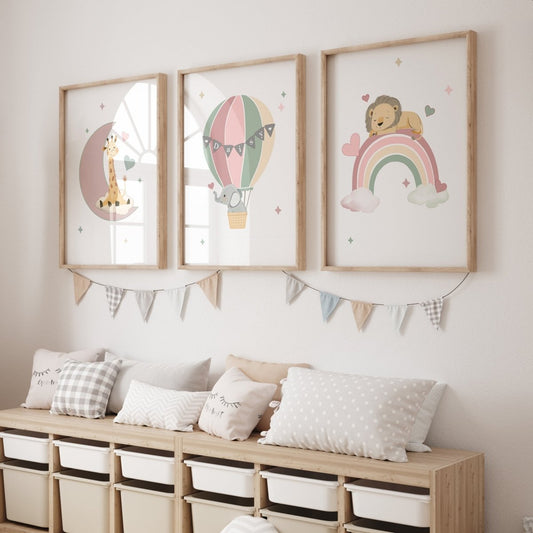 Safari Animal Personalised Set of 3 Wall Prints | Wall Art for Nursery, Bedroom or Playroom - RoseRowanDesign - Wall Art