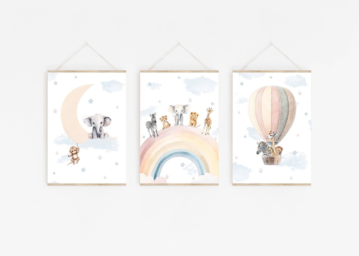 Safari Animal Prints for Nursery | Set of 3 | Rainbow Wall Art for Baby Boy's Room - RoseRowanDesign -