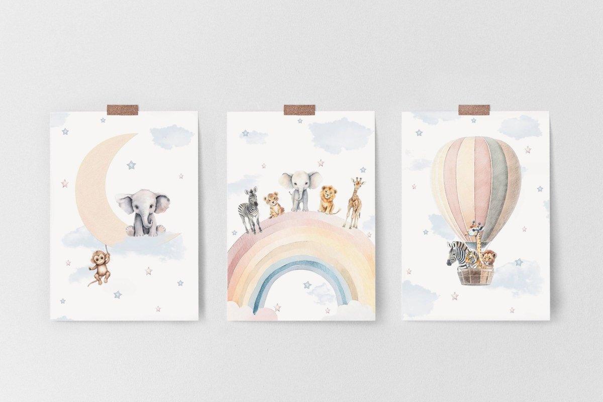 Safari Animal Prints for Nursery | Set of 3 | Rainbow Wall Art for Baby Boy's Room - RoseRowanDesign -