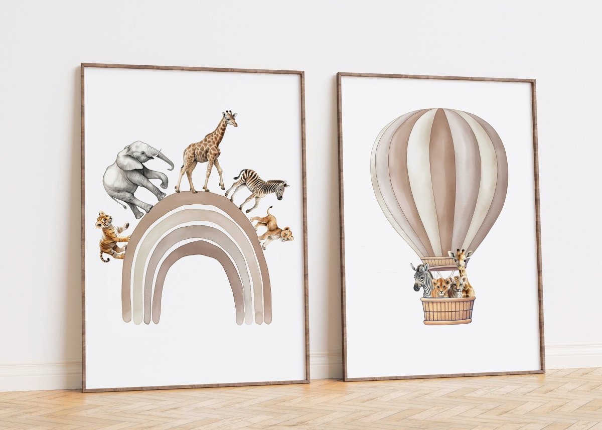 Safari Animal Prints | Set of 2 Balloon Wall Art | Beige Rainbow Nursery Decor - RoseRowanDesign -