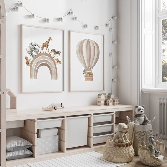 Safari Animal Prints | Set of 2 Balloon Wall Art | Beige Rainbow Nursery Decor - RoseRowanDesign -