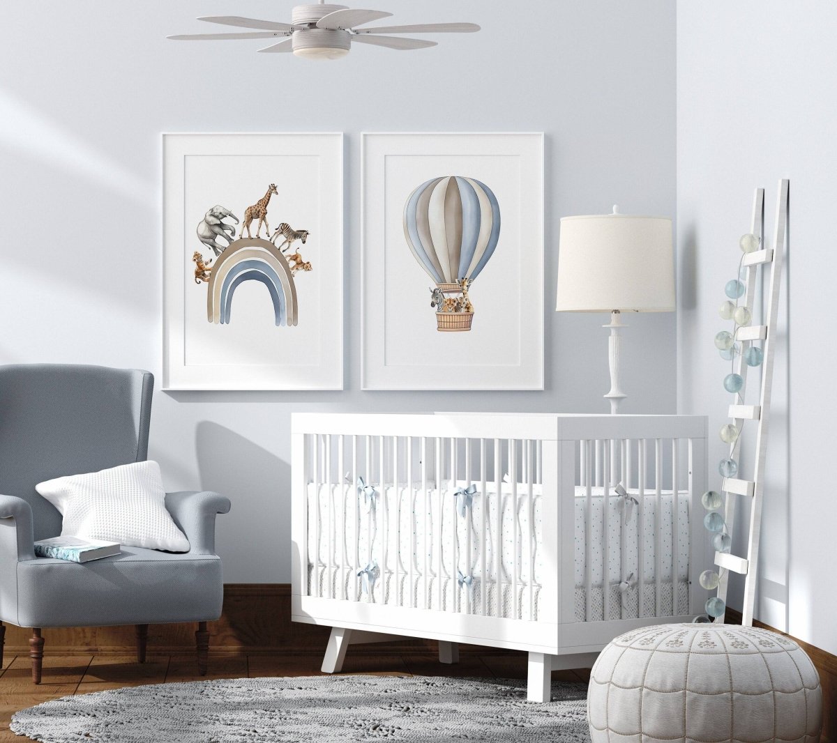 Safari Animal Prints | Set of 2 | Blue Balloon Wall Art for Nursery - RoseRowanDesign -