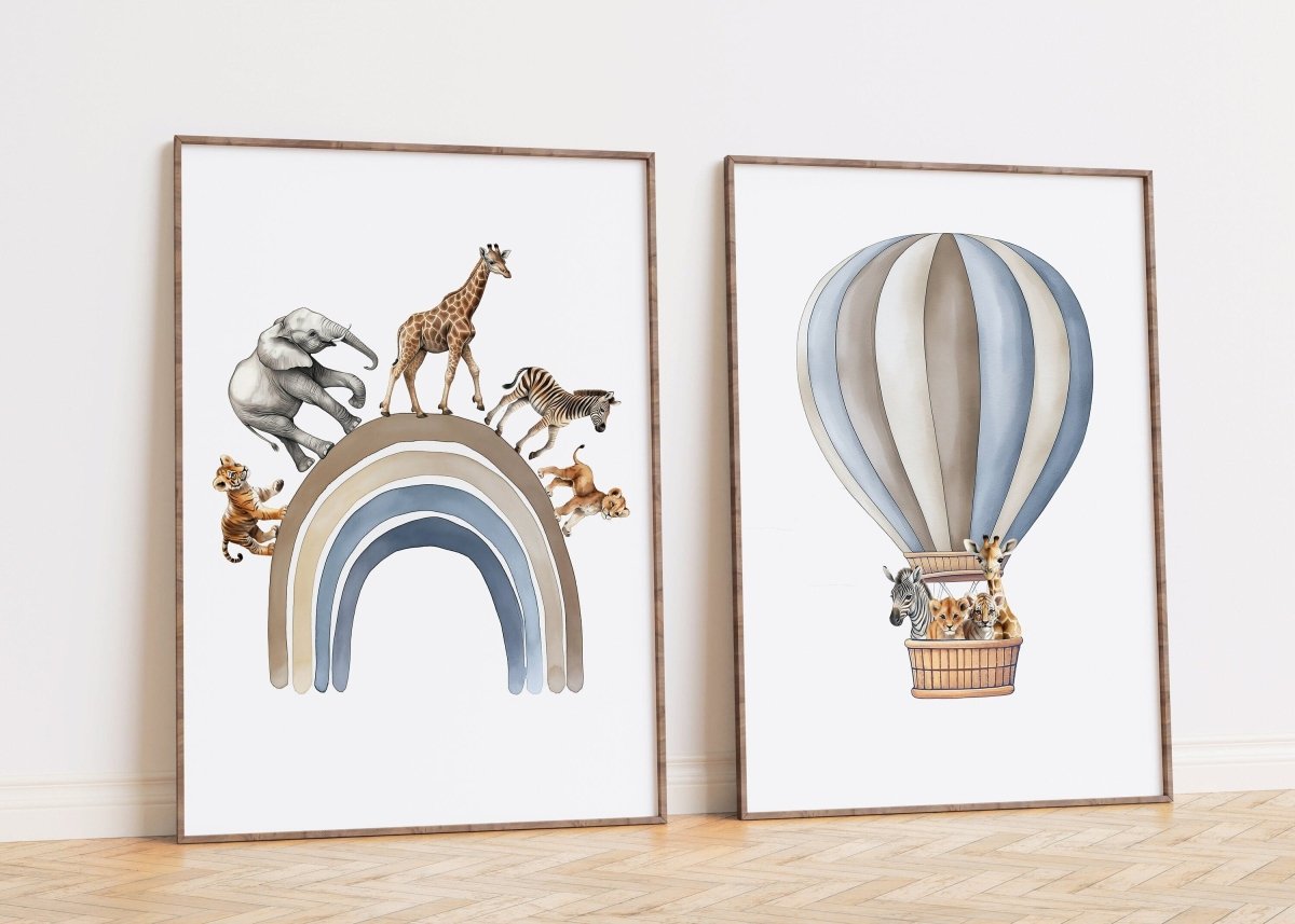 Safari Animal Prints | Set of 2 | Blue Balloon Wall Art for Nursery - RoseRowanDesign -