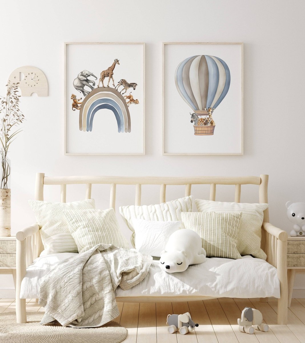 Safari Animal Prints | Set of 2 | Blue Balloon Wall Art for Nursery - RoseRowanDesign -