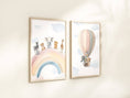 Load image into Gallery viewer, Safari Animal Rainbow Nursery Prints | Set of 2 | Hot Air Balloon Wall Art for Baby's Room - RoseRowanDesign -