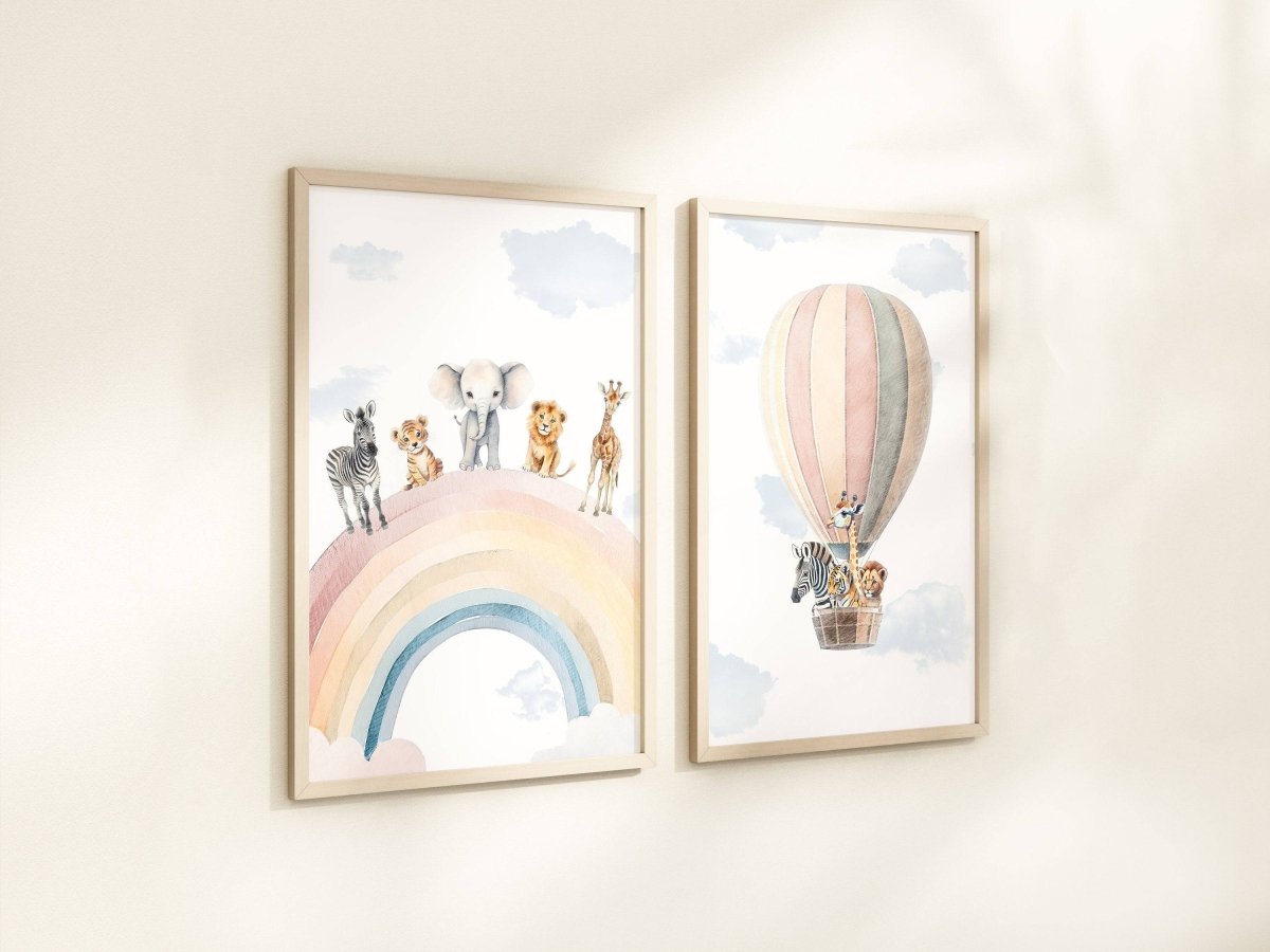Safari Animal Rainbow Nursery Prints | Set of 2 | Hot Air Balloon Wall Art for Baby's Room - RoseRowanDesign -