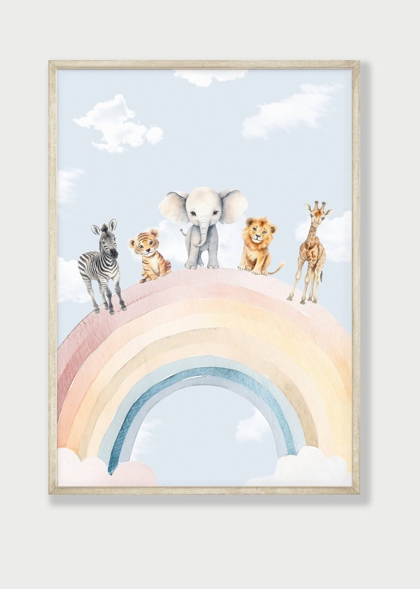 Safari Animal Rainbow Nursery Prints | Set of 2 | Hot Air Balloon Wall Art for Baby's Room - RoseRowanDesign -