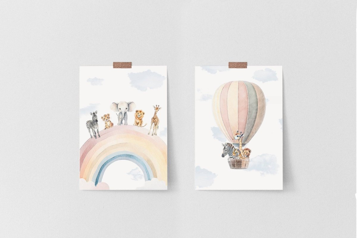Safari Animal Rainbow Nursery Prints | Set of 2 | Hot Air Balloon Wall Art for Baby's Room - RoseRowanDesign -
