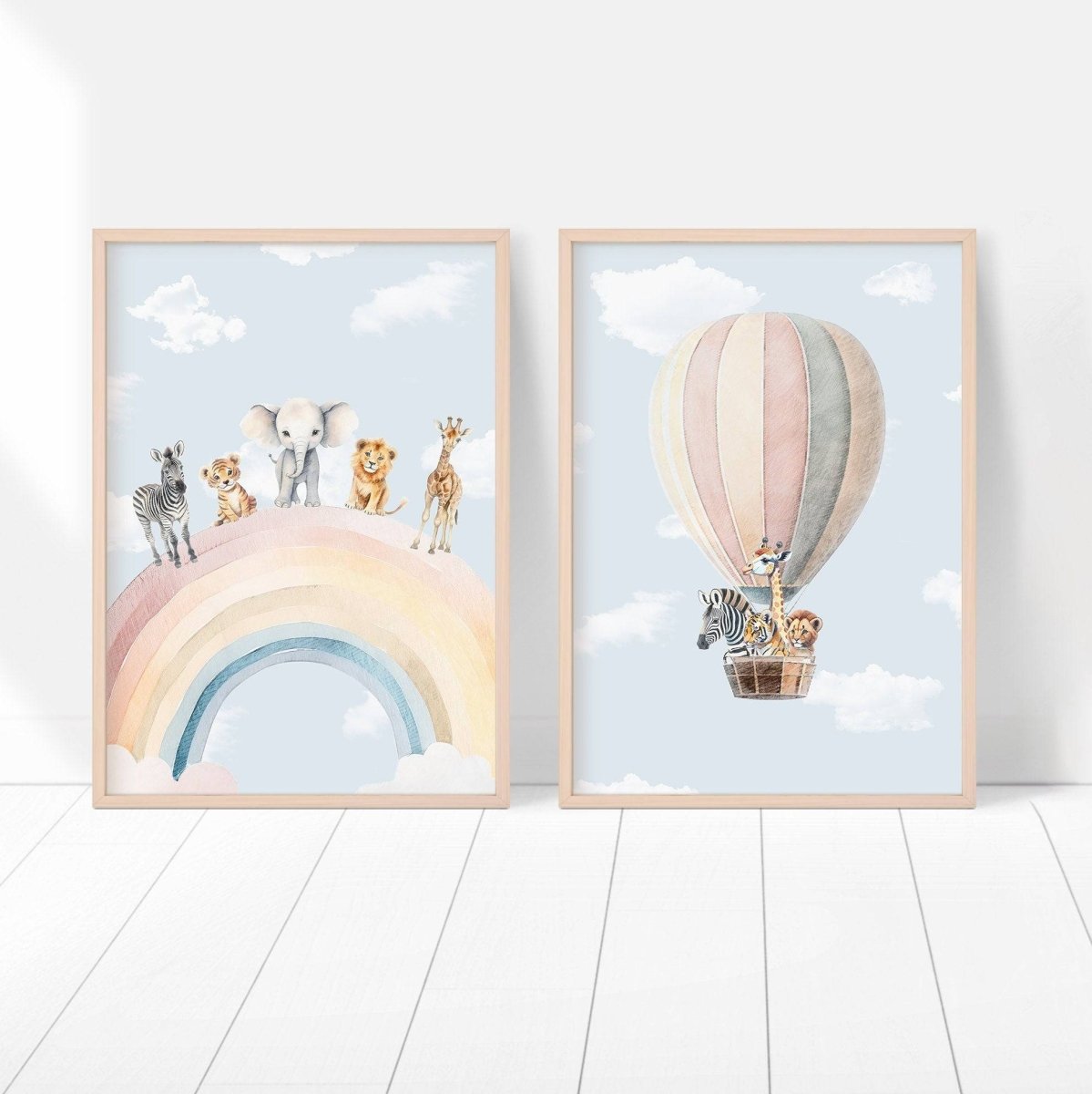 Safari Animal Rainbow Nursery Prints | Set of 2 | Hot Air Balloon Wall Art for Baby's Room - RoseRowanDesign -