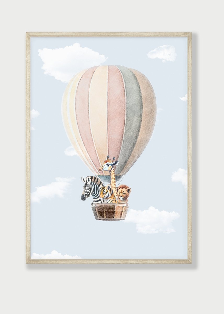Safari Animal Rainbow Nursery Prints | Set of 2 | Hot Air Balloon Wall Art for Baby's Room - RoseRowanDesign -