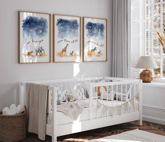 Safari Animal Star Nursery Prints | Set of 3 | Gender Neutral Wall Art for Baby's Room - RoseRowanDesign -