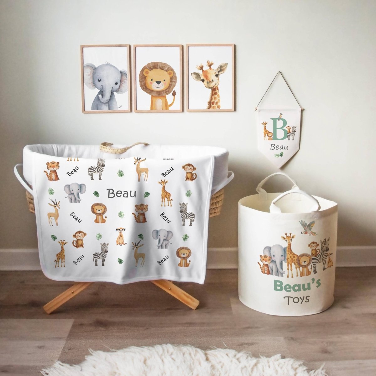 Safari Animal Themed Personalised Toy Trug for Kids Room or Nursery - RoseRowanDesign -