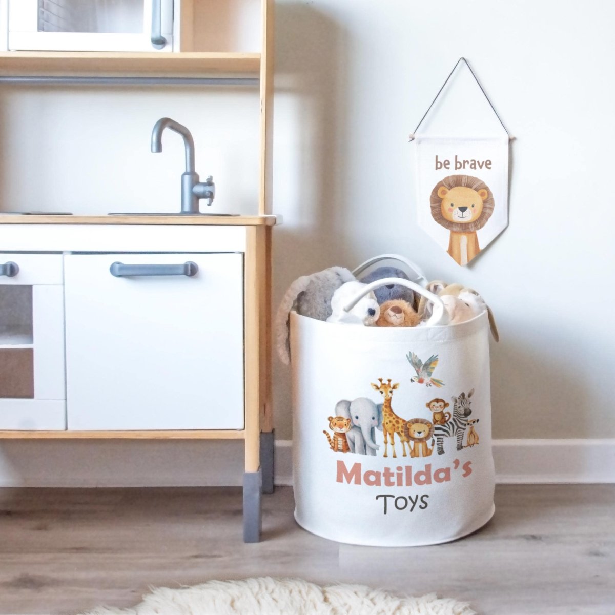 Safari Animal Themed Personalised Toy Trug for Kids Room or Nursery - RoseRowanDesign -