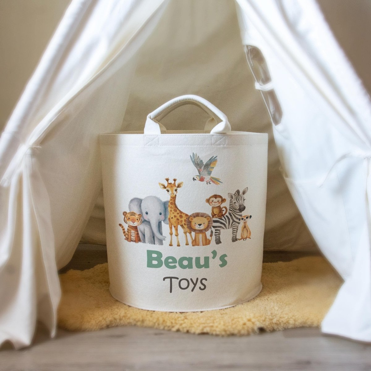 Safari Animal Themed Personalised Toy Trug for Kids Room or Nursery - RoseRowanDesign -