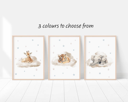 Safari Animal Wall Art Prints | Set of 3 | Neutral Decor for Baby Room with Cloud Themes - RoseRowanDesign -