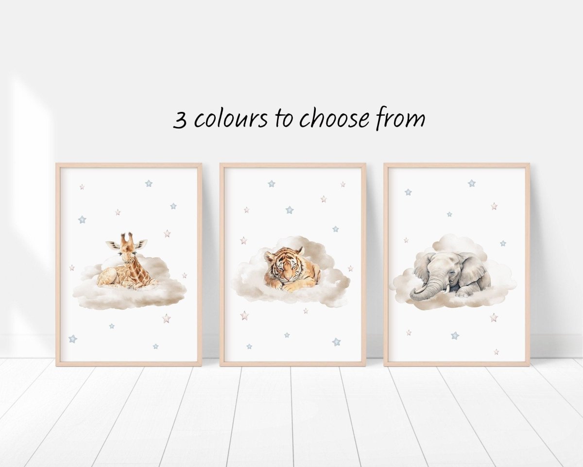 Safari Animal Wall Art Prints | Set of 3 | Neutral Decor for Baby Room with Cloud Themes - RoseRowanDesign -