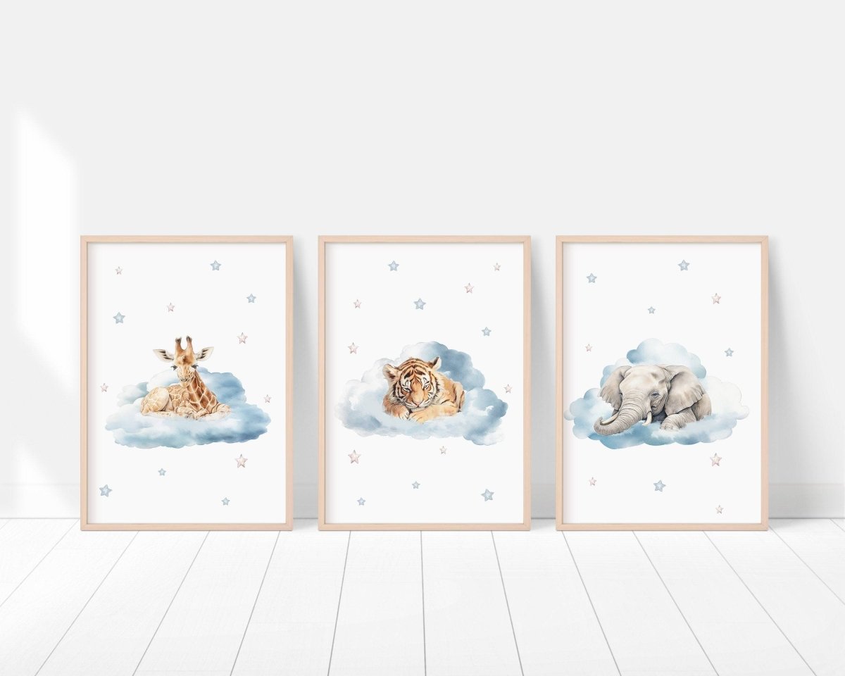 Safari Animal Wall Art Prints | Set of 3 | Neutral Decor for Baby Room with Cloud Themes - RoseRowanDesign -