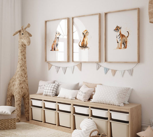 Safari Animal Wall Art Prints | Set of 3 | Neutral Safari Theme Nursery Decor - RoseRowanDesign -