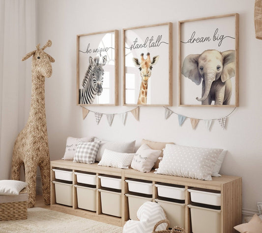 Safari Animal Wall Art Prints | Set of 3 | Quotes for Baby Room - RoseRowanDesign -