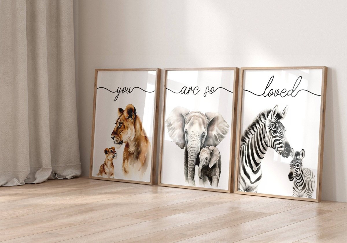 Safari Animal Wall Art Prints | Set of 3 | "You Are So Loved" Nursery Decor - RoseRowanDesign -