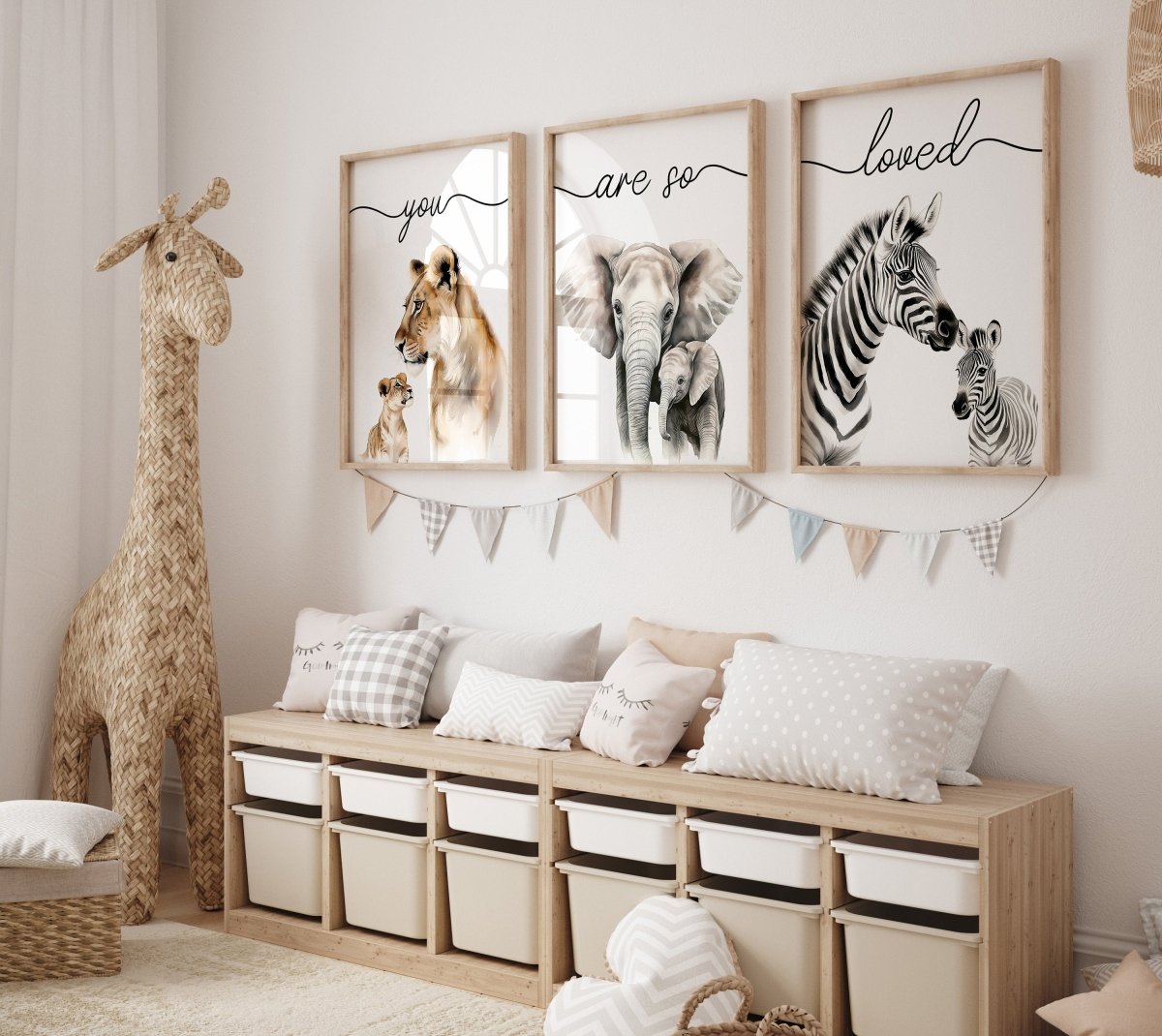 Safari Animal Wall Art Prints | Set of 3 | "You Are So Loved" Nursery Decor - RoseRowanDesign -
