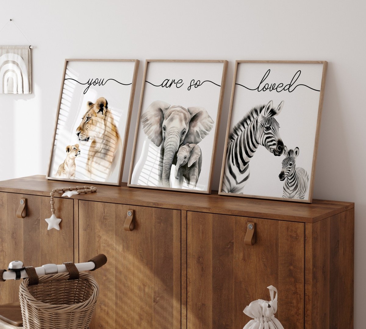 Safari Animal Wall Art Prints | Set of 3 | "You Are So Loved" Nursery Decor - RoseRowanDesign -