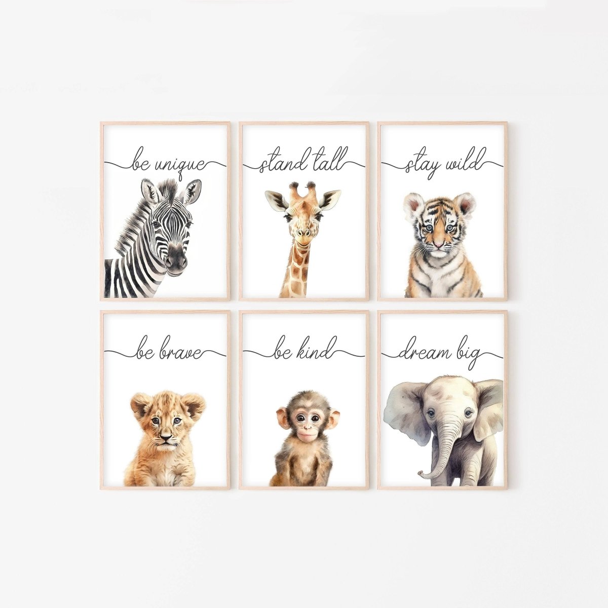 Safari Animal Watercolour Nursery Prints | Set of 6 | Neutral Wall Art for Baby's Room - RoseRowanDesign -