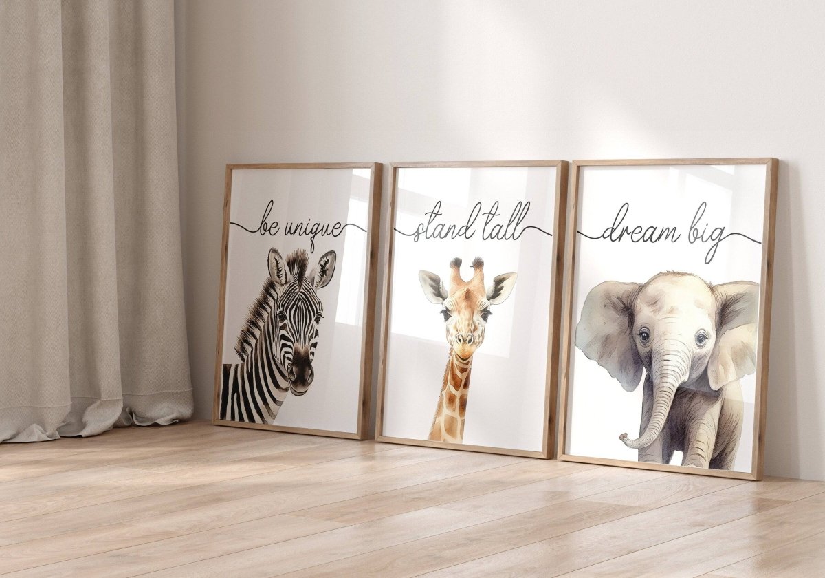 Safari Animal Watercolour Nursery Prints | Set of 6 | Neutral Wall Art for Baby's Room - RoseRowanDesign -