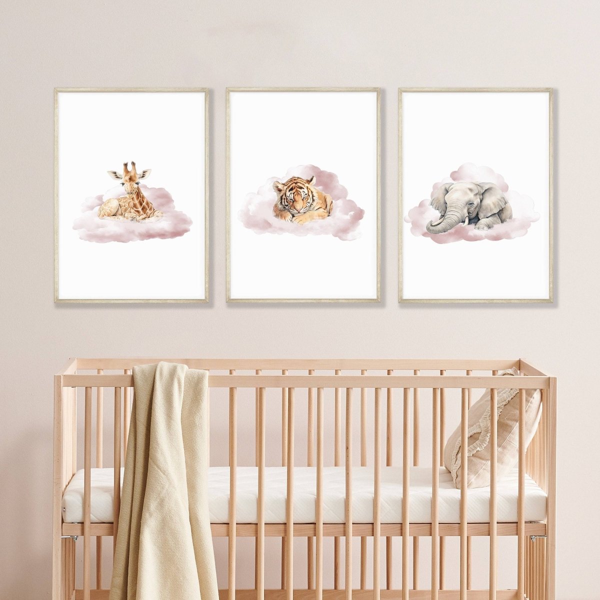 Safari & Jungle Animal Wall Art Prints | Set of 3 | Neutral Cloud Decor for Baby Boy's Room - RoseRowanDesign -