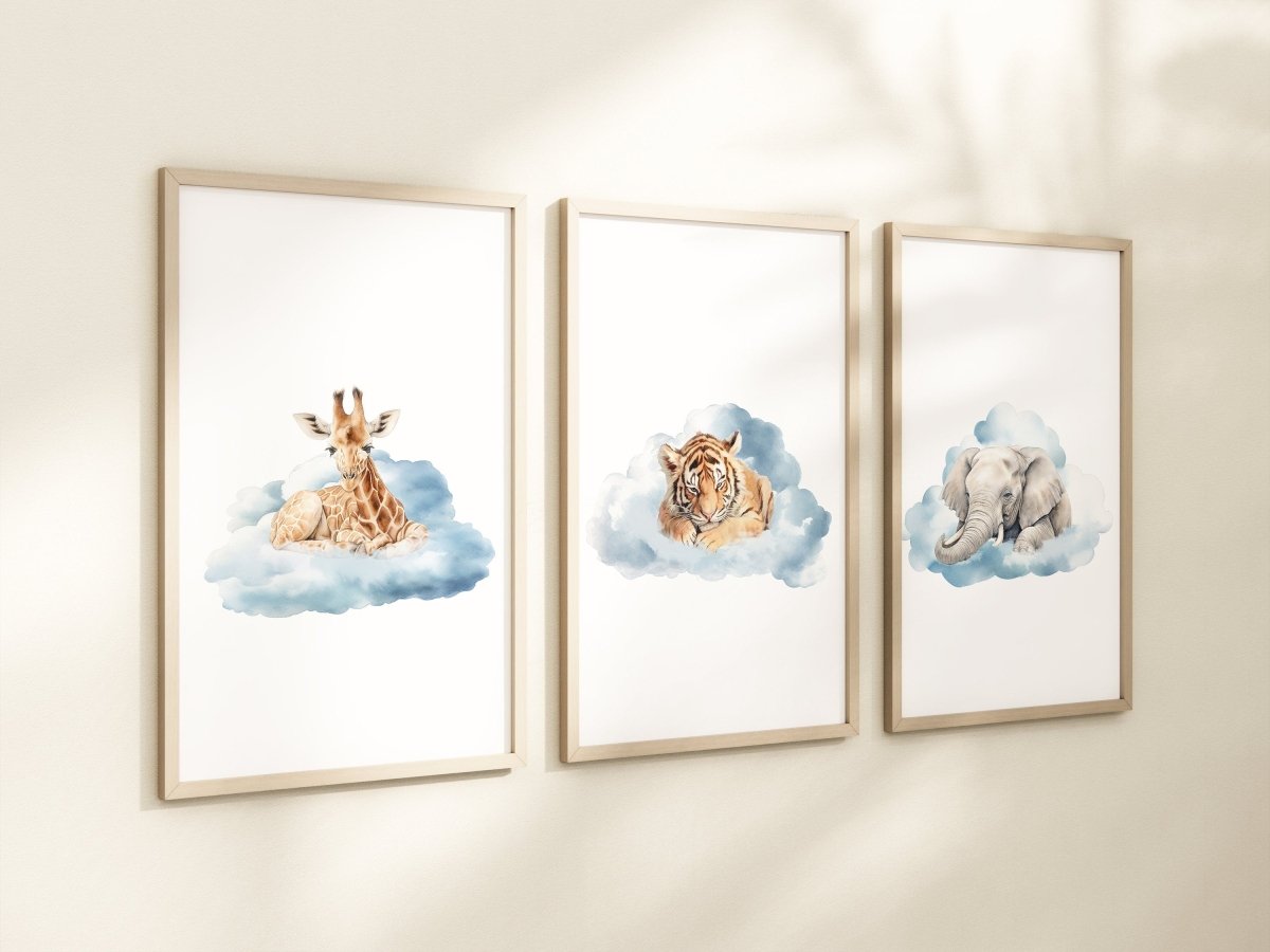Safari & Jungle Animal Wall Art Prints | Set of 3 | Neutral Cloud Decor for Baby Boy's Room - RoseRowanDesign -