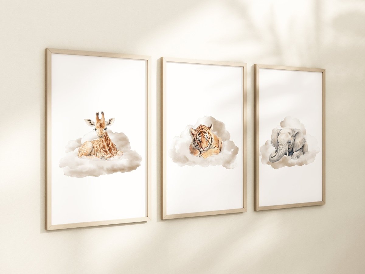 Safari & Jungle Animal Wall Art Prints | Set of 3 | Neutral Cloud Decor for Baby Boy's Room - RoseRowanDesign -