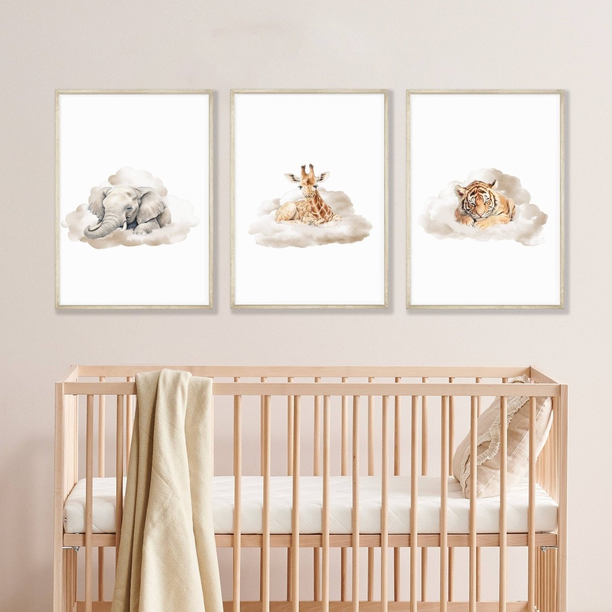 Safari & Jungle Animal Wall Art Prints | Set of 3 | Neutral Cloud Decor for Baby Boy's Room - RoseRowanDesign -
