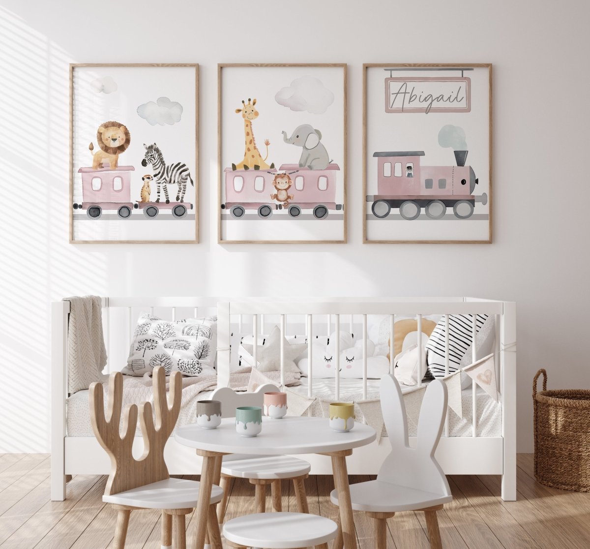 Safari Train Personalised Set of 3 Wall Prints | Wall Art for Nursery, Bedroom or Playroom - RoseRowanDesign - Wall Art