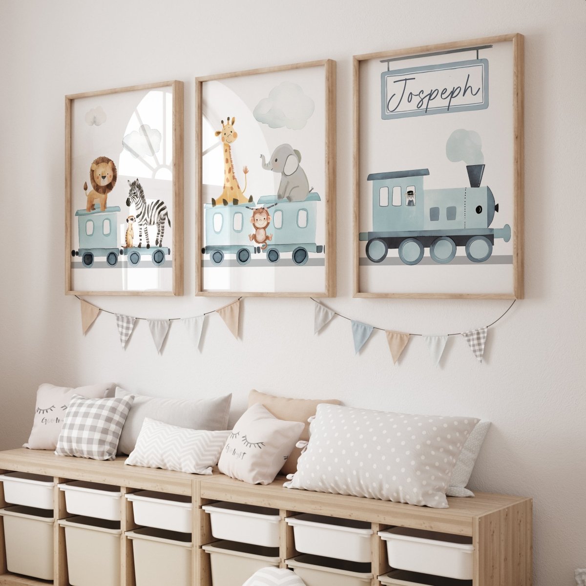 Safari Train Personalised Set of 3 Wall Prints | Wall Art for Nursery, Bedroom or Playroom - RoseRowanDesign - Wall Art