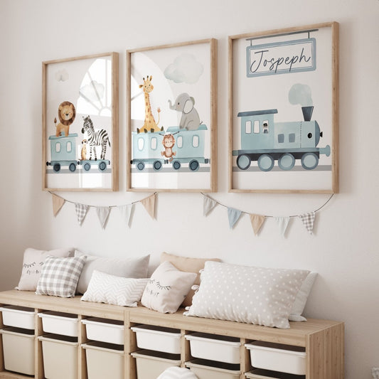Safari Train Personalised Set of 3 Wall Prints | Wall Art for Nursery, Bedroom or Playroom - RoseRowanDesign - Wall Art