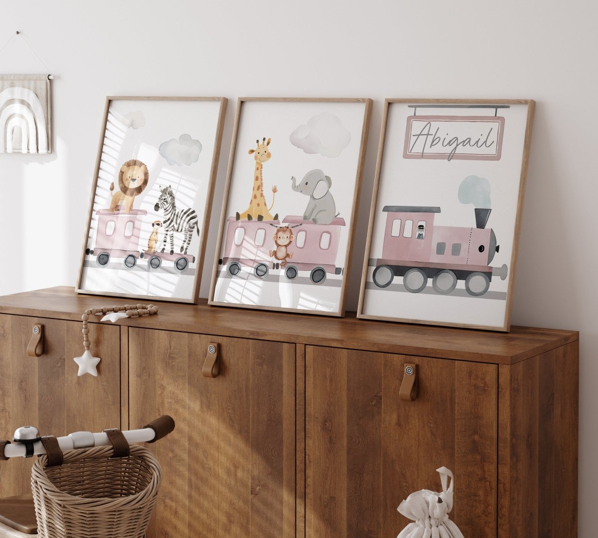 Safari Train Personalised Set of 3 Wall Prints | Wall Art for Nursery, Bedroom or Playroom - RoseRowanDesign - Wall Art