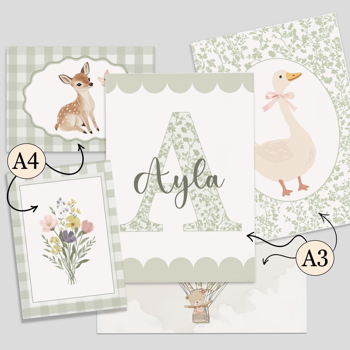 Sage Green Nursery Prints – Personalised Floral Gallery Wall Set - RoseRowanDesign -