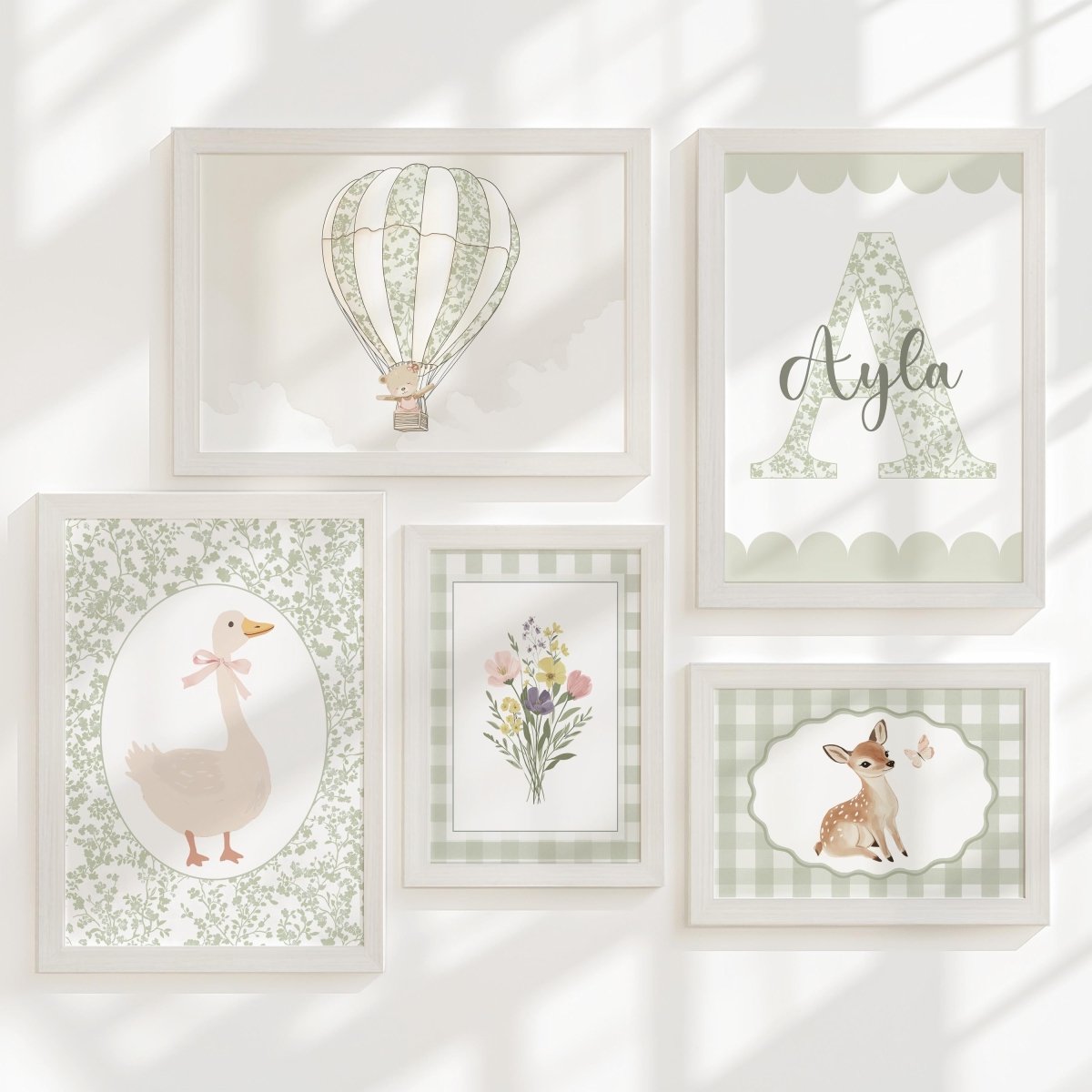 Sage Green Nursery Prints – Personalised Floral Gallery Wall Set - RoseRowanDesign -