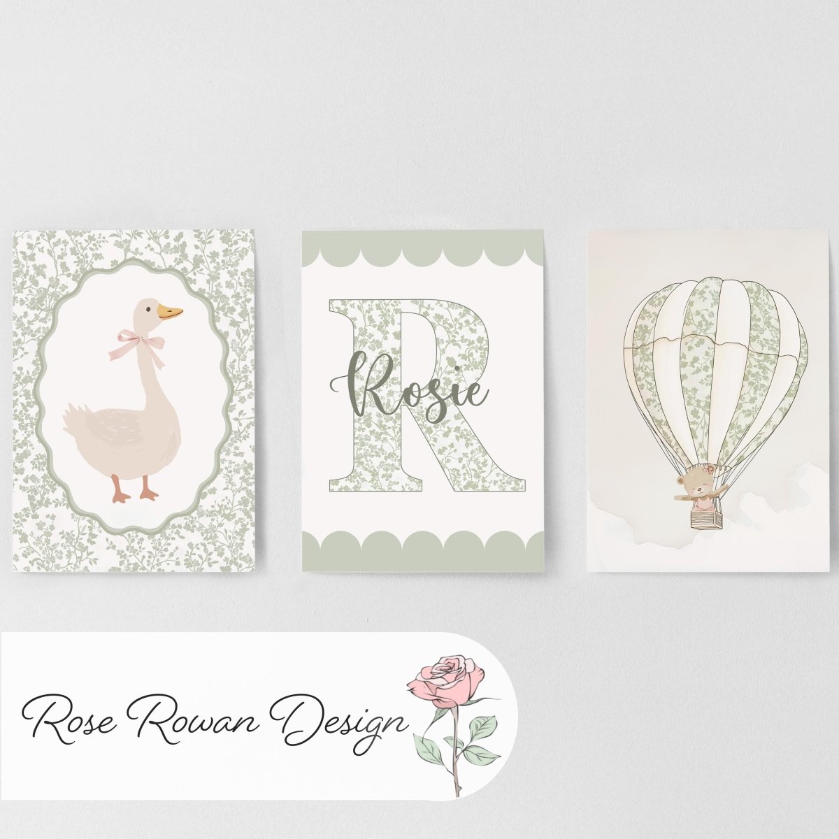 Sage Green Nursery Prints – Personalised Goose & Hot Air Balloon - RoseRowanDesign -