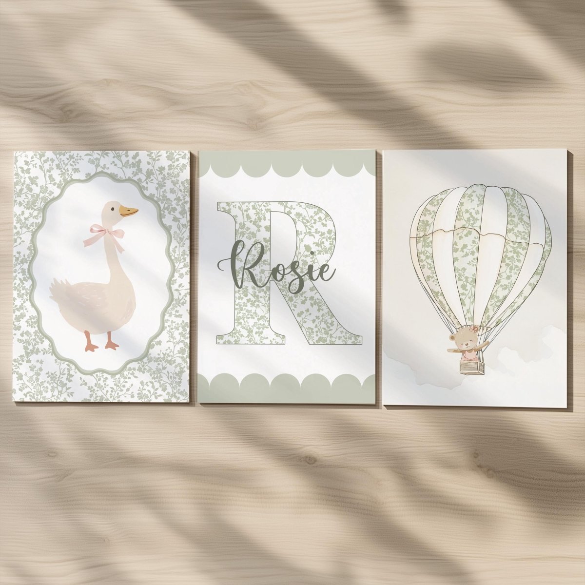 Sage Green Nursery Prints – Personalised Goose & Hot Air Balloon - RoseRowanDesign -