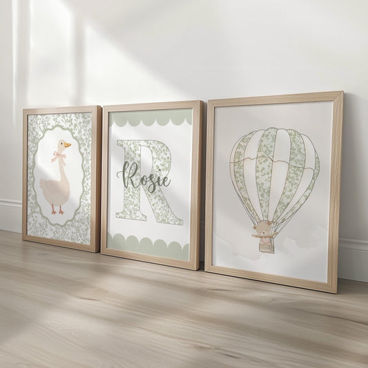 Sage Green Nursery Prints – Personalised Goose & Hot Air Balloon - RoseRowanDesign -