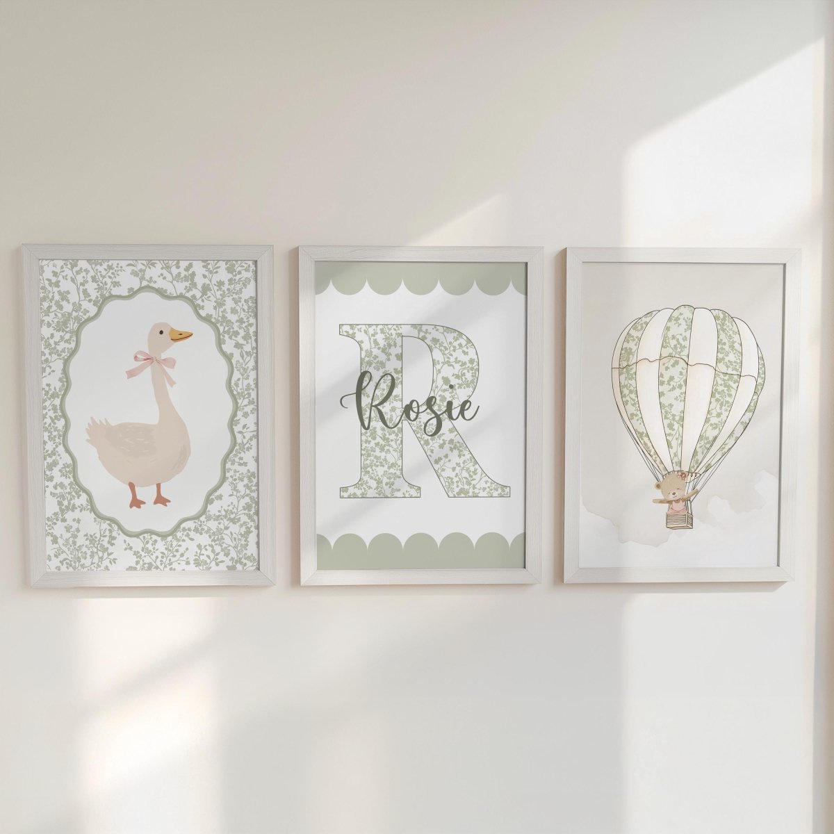 Sage Green Nursery Prints – Personalised Goose & Hot Air Balloon - RoseRowanDesign -
