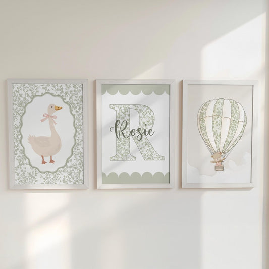 Sage Green Nursery Prints – Personalised Goose & Hot Air Balloon - RoseRowanDesign -